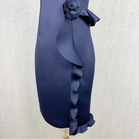 NERO by Jatin Varma Navy Blue Scuba Ruffle Cocktail Dress. - Picture 4 of 13